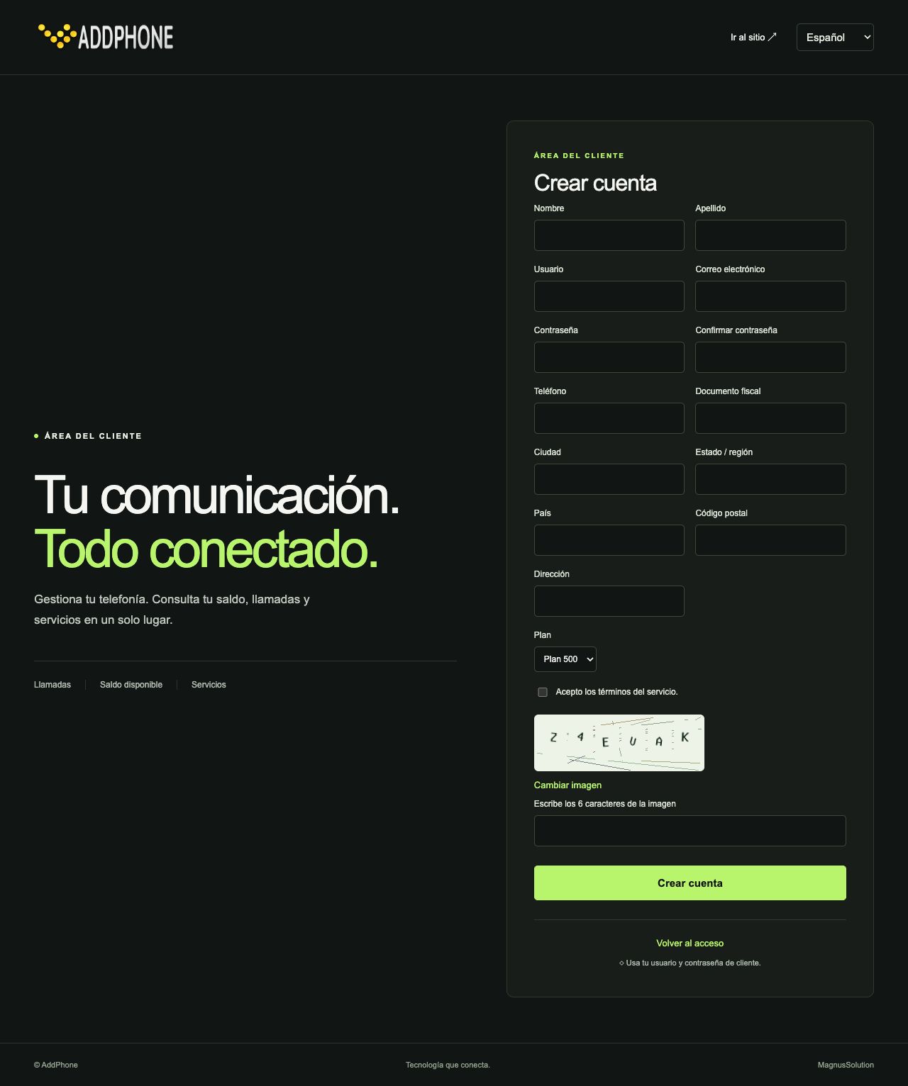 Registro integrado con selección de plan y CAPTCHA