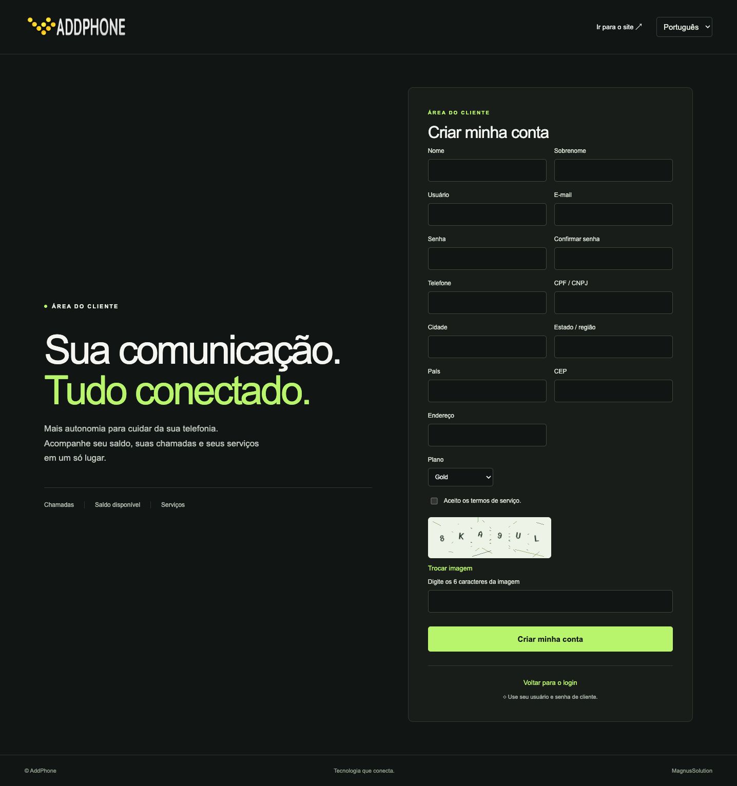 Cadastro integrado com seleção de plano e CAPTCHA