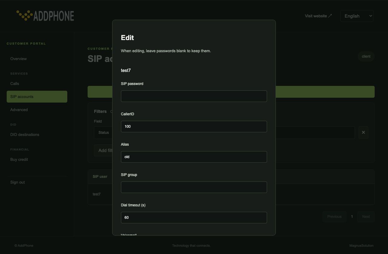 SIP account editing — demonstration data