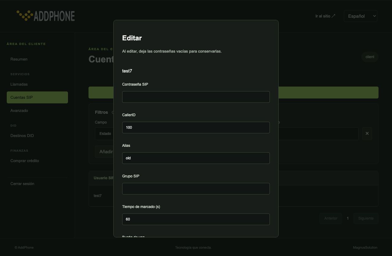 Edición de cuenta SIP — datos de demostración