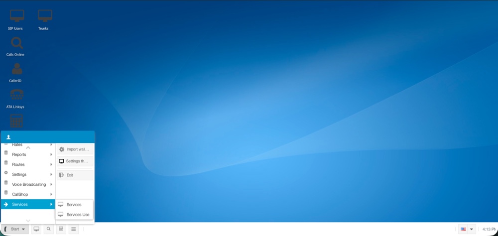Windows-style desktop, Start menu and taskbar
